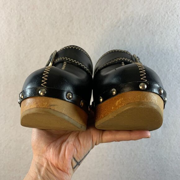 VTG 00s Steve Madden Women Y2K Wooden Platform Clogs Sz 6 Black Leather Studded - Picture 7 of 16